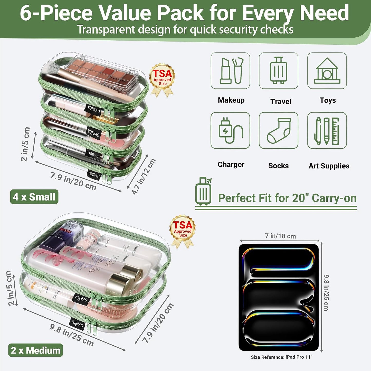 6 Pack Green Clear Hard Shell Beauty Organizer (2M+4S), 1.2mm Heavy Duty Crush-Proof Cosmetic Case, Reinforced YKK Zippers, Stadium Approved Security Bag for Skincare & Electronics, Multi-Size Set