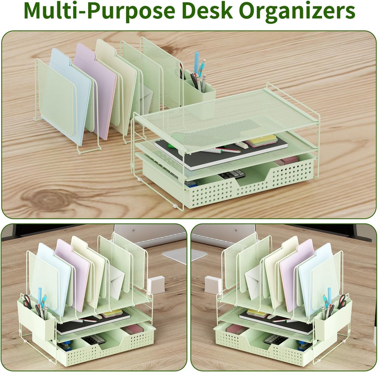LEKETREE Green Desk Organizer, Office Organization with Vertical File Holder, File Organizer with Drawer and Pen Holder, Desk Accessories and Workspace Organizers for Home Office (Green)