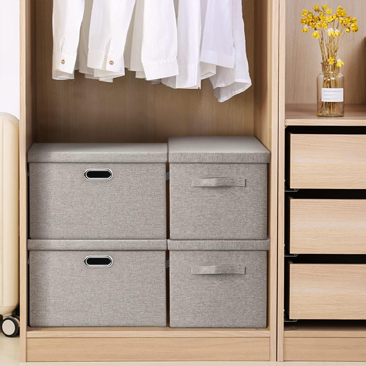 Graciadeco Large Quart Collapsible Stackable Storage Bins with Lids, 3 Packs Beige Linen Fabric Closet Boxes with Lids, Storage Cube Baskets Container Organizers for Bedroom Office(16.6 x 11.7 x 10.8)