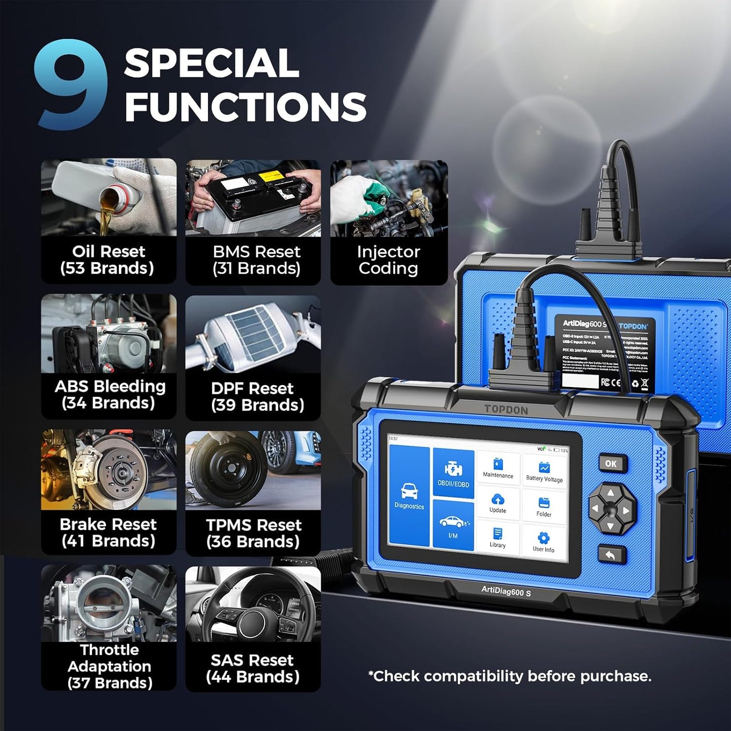 OBD2 Scanner TOPDON AD600S Scan Tool, Code Reader, Diagnostics Scanner for ABS/SRS/AT/Engine, 9 Reset Services, CAN-FD, Oil/Brake/BMS/SAS/DPF/TPMS/ETS Reset/ABS Bleeding/Injector Coding, Free Upgrade