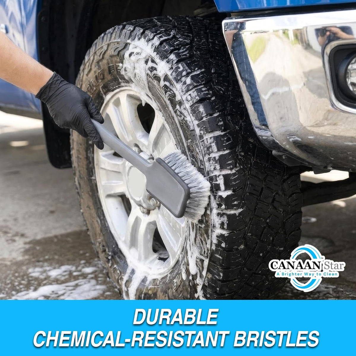 Car Wash Brush(Upgraded Design), 17" Long Handle, Flagged Bristles, Rubber-Protected Head, Non-Slip Ergonomic Grip for Tires, Undercarriage, Wheels, Grill, Fender Wells, SUVs & Cars