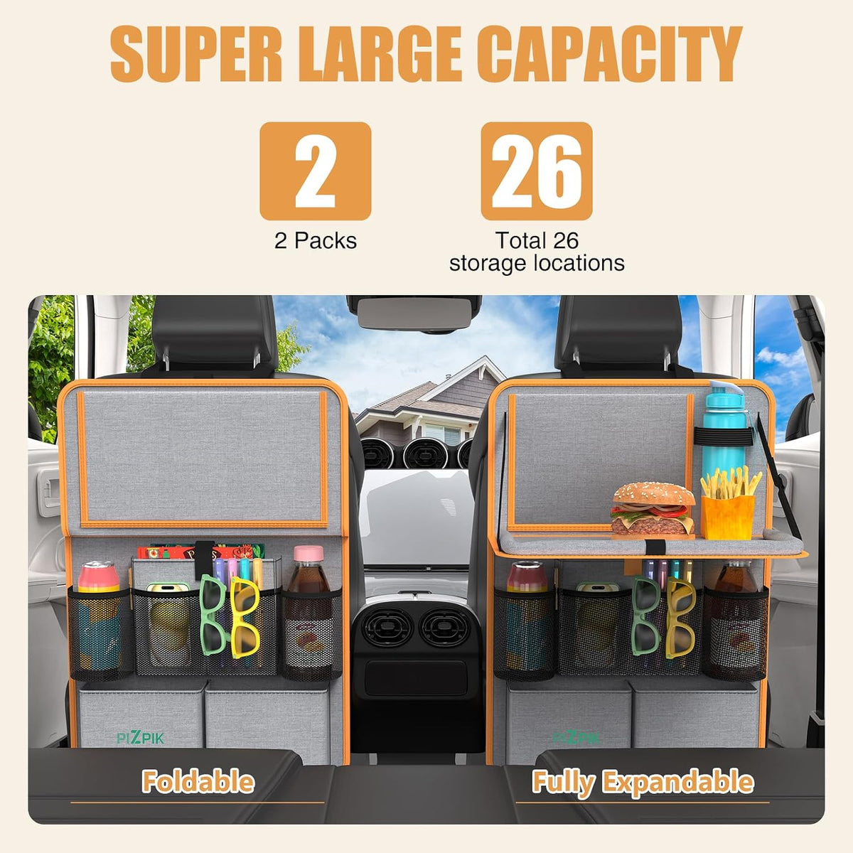 Plzpik Car Backseat Organizer with Tablet Holder,11 Storage Pockets with Foldable Food Tray, Protector Kick Mats for Kids, Travel Accessories Organizer (Orange, 2Pack)