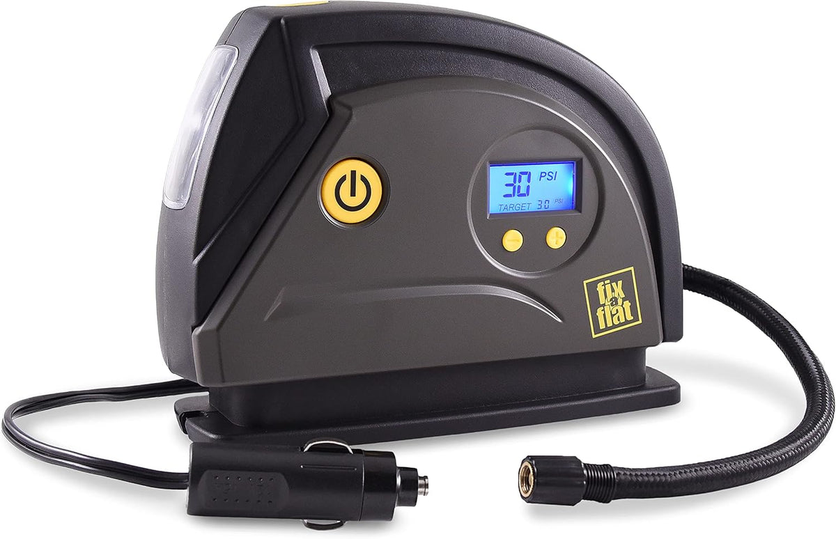 Fix-a-Flat S40074 Tire Inflator, Portable Car Air Compressor, Inflate Right automatic shut off, with Digital 99 psi Display, Long Hose and LED Light, 12V, 6 min inflation