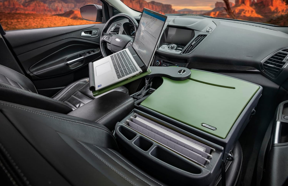 AutoExec Reach Car Desk for Your Vehicle Workstation and Mobile Office, Front Seat Army Green with 400 watt Power Inverter