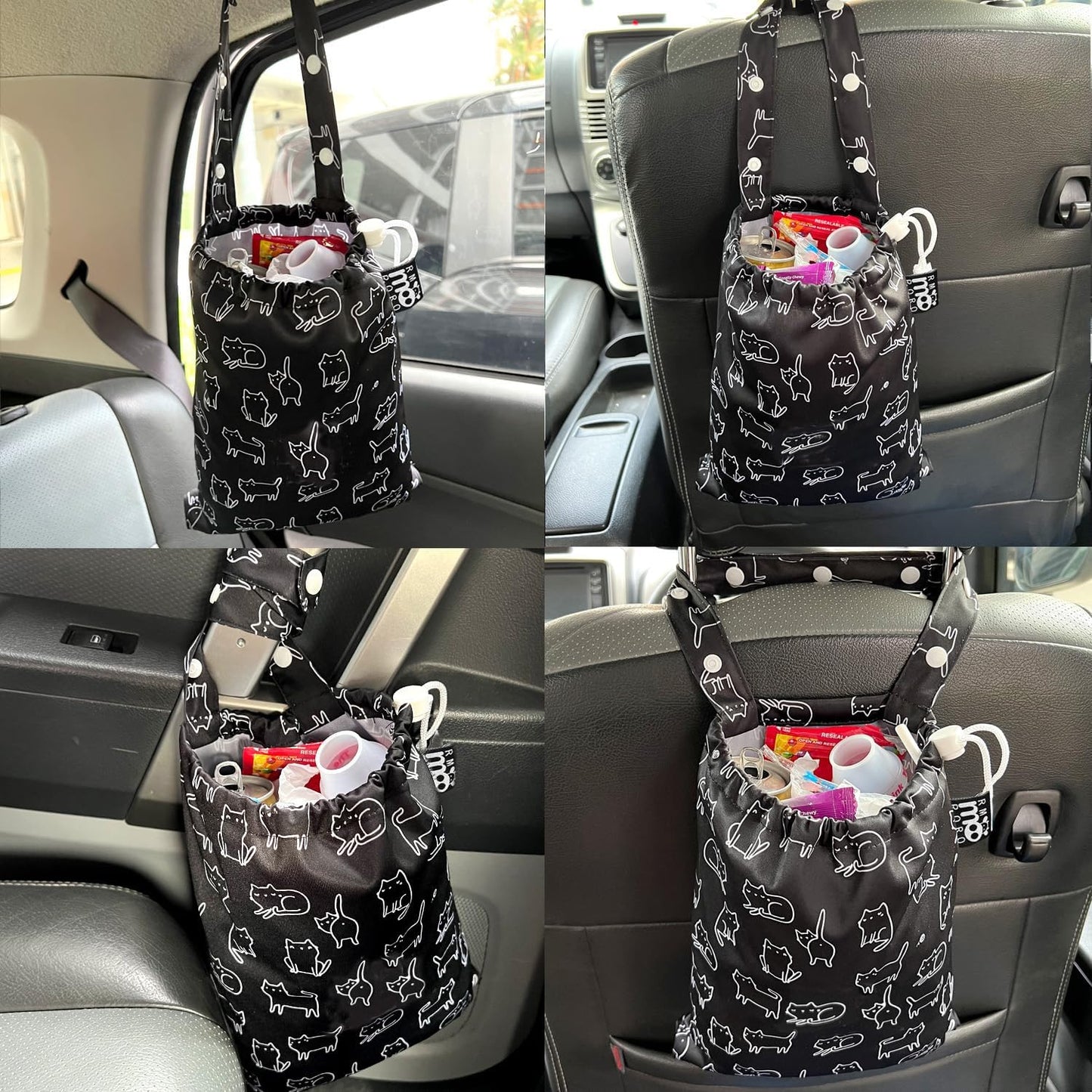 Waterproof Car Trash Bag Reusable Portable Garbage Can with Drawstring Top Adjustable Hanging Strap Leakproof & Washable for Cars SUVs & Trucks (Black Cats)