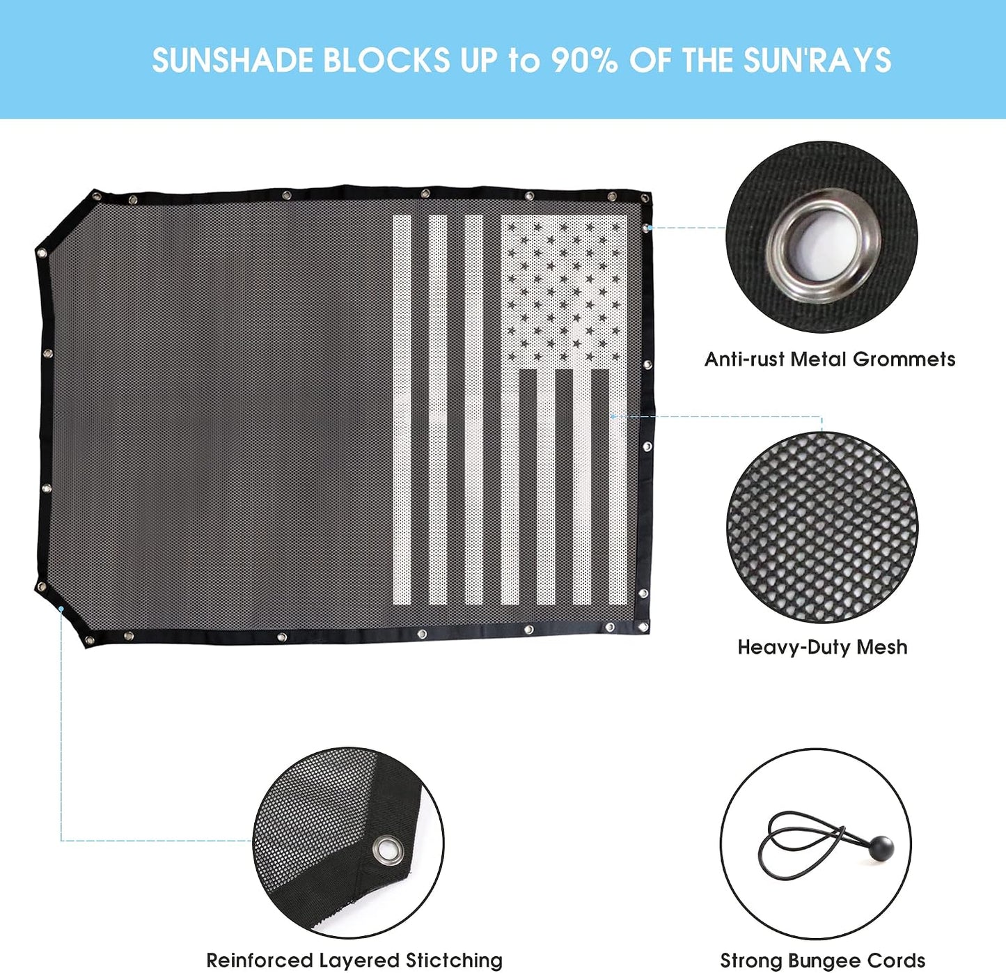 sukemichi Sunshade for Ford Bronco,Mesh Sun Shade Bikini Top Cover Bimini Top for Ford Bronco Accessories 2021 2022 2023 2024 2025 2026 4 Door - Blocks UV, Wind, Noise, (Flag)