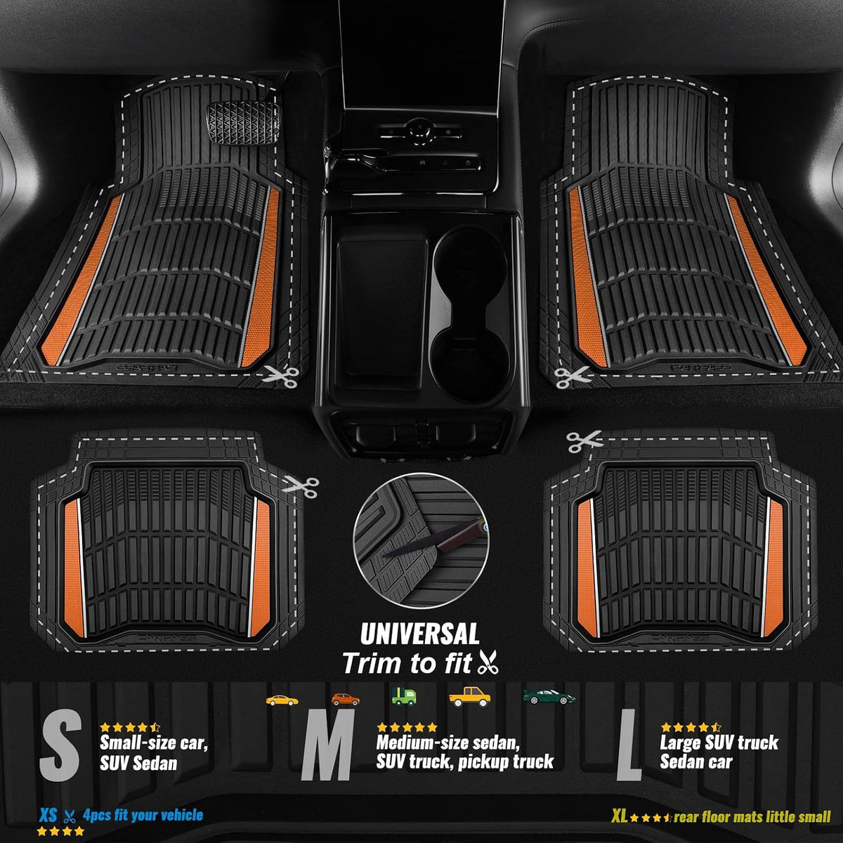 CAR PASS Heavy Duty Rubber Car Floor Mats, Deep Waterproof Car Floor Mats All Weather, Aluminum Film Floor Mats for Cars Non-Slip Universal Trim Fit for SUVs Trucks Sedans Vans, Black Orange Metallic