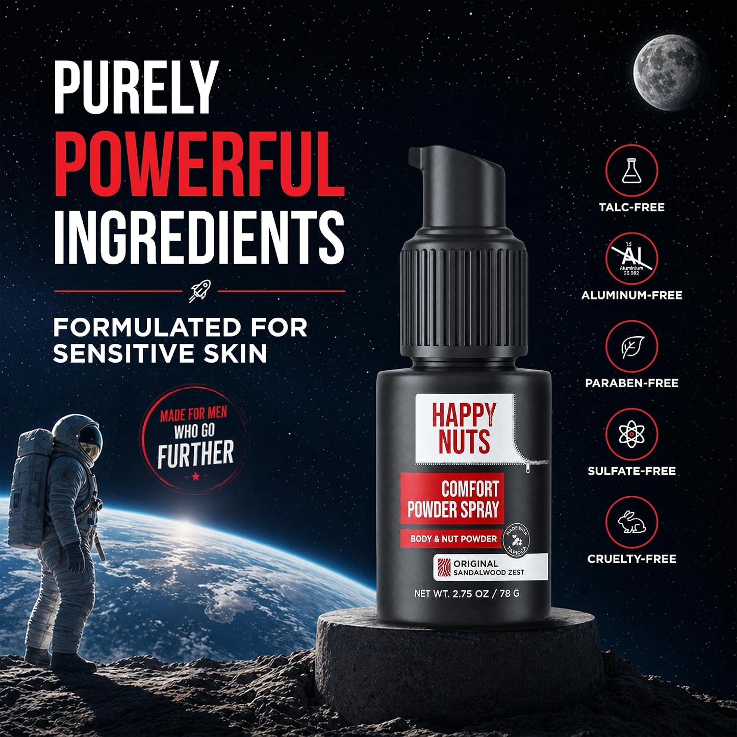 HAPPY NUTS Comfort Powder Spray: Anti Chafing & Mens Deodorant, Aluminum-Free, Sweat and Odor Control for Jock Itch, Groin and Men's Private Parts