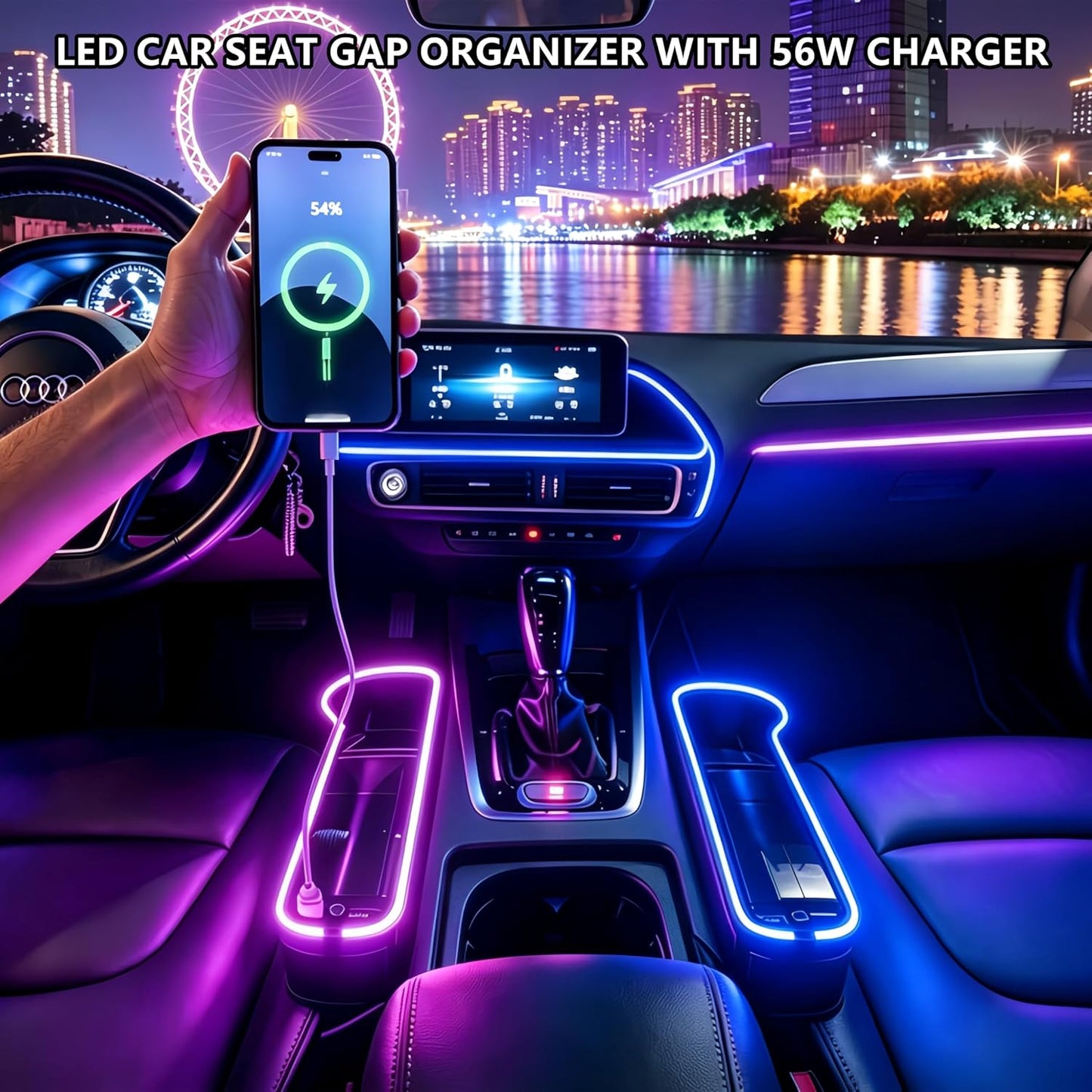7 Color Led Car Seat Gap Organizer with 56W Fast Charger Car Console Organizer with Cup Holder Front Seat Gap Filler with USB Between Seat Cup Holder fit for Android iPhone (Black)