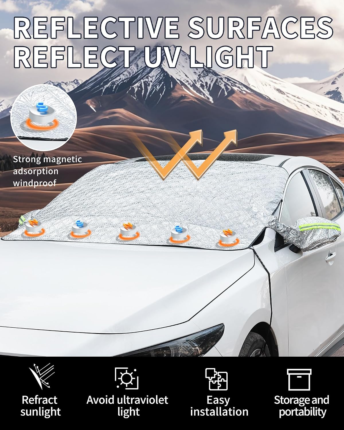 Windshield Snow Cover for Car, Heavy Duty Ice Shield with Magnetic Edges, Waterproof UV Block Sunshade for Winter Frost Protection, Fits Most Sedans SUVs Trucks, Easy Install and Remove