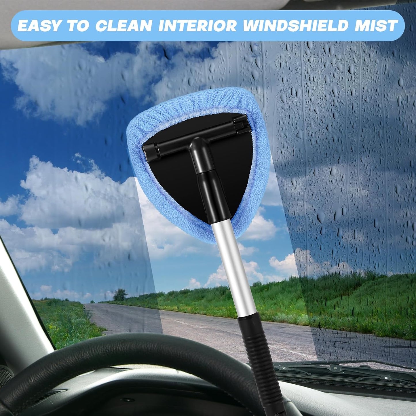 Baderke 10 Pcs Windshield Cleaner Tool Car Window Cleaning Supplies with Extendable Handle Include 6 Washable Microfiber Bonnets 2 Empty 60ml Spray Bottle Glass Wiper Kit(Light Blue)
