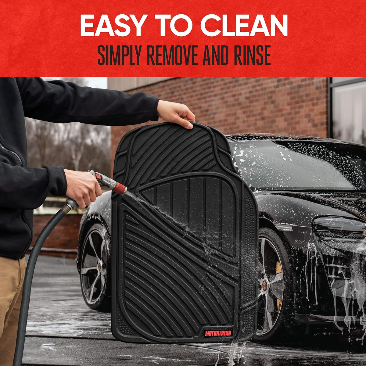 Motor Trend FlexTough Performance All Weather Rubber Car Floor Mats with Cargo Liner – Full Set Front & Rear Floor Mats for Cars Truck SUV, Automotive Floor Mats (Black)
