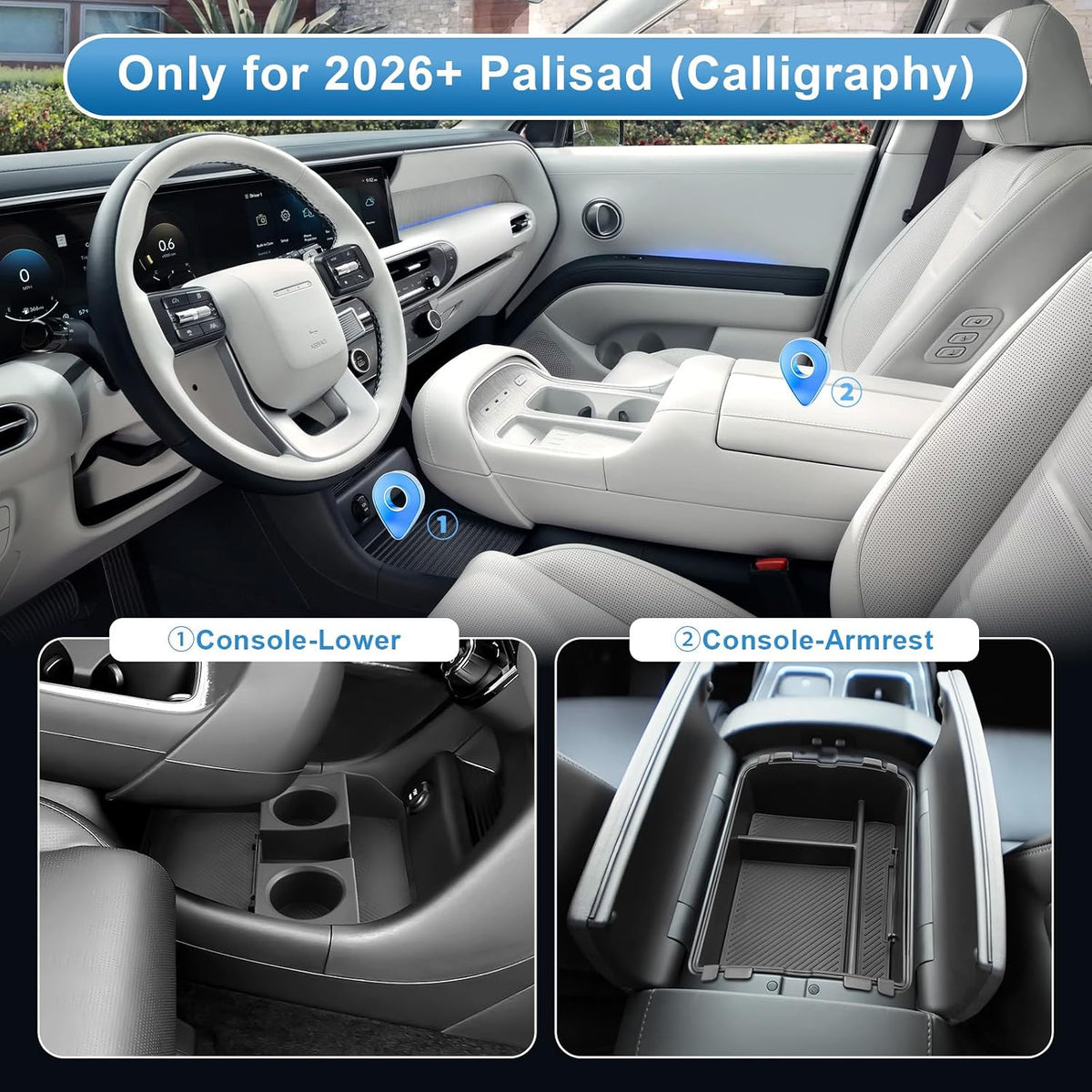 (3Pack) 2026 2027 Palisade Calligraphy Center Console Organizer, for Hyundai Palisade (Only fit Dual-Opening Console Cover), Durable &Anti-slip Console Tray Insert 2026 Palisade Accessories