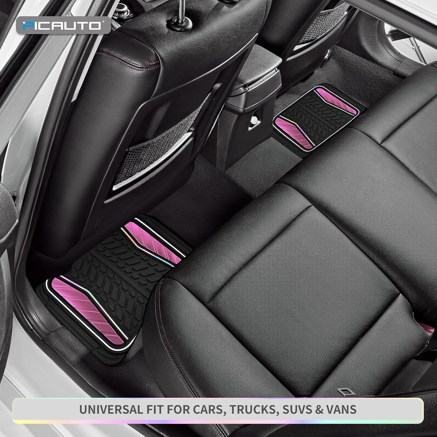 PIC AUTO Car Floor Mats, Pink Aluminum-Molded with Full-Circle Iridescent Inlay Strip Car Mats, Universal-Fit Rubber Mats for Cars, Trucks & SUVs, All-Weather, Non-Slip, Easy-to-Clean Interior Mats