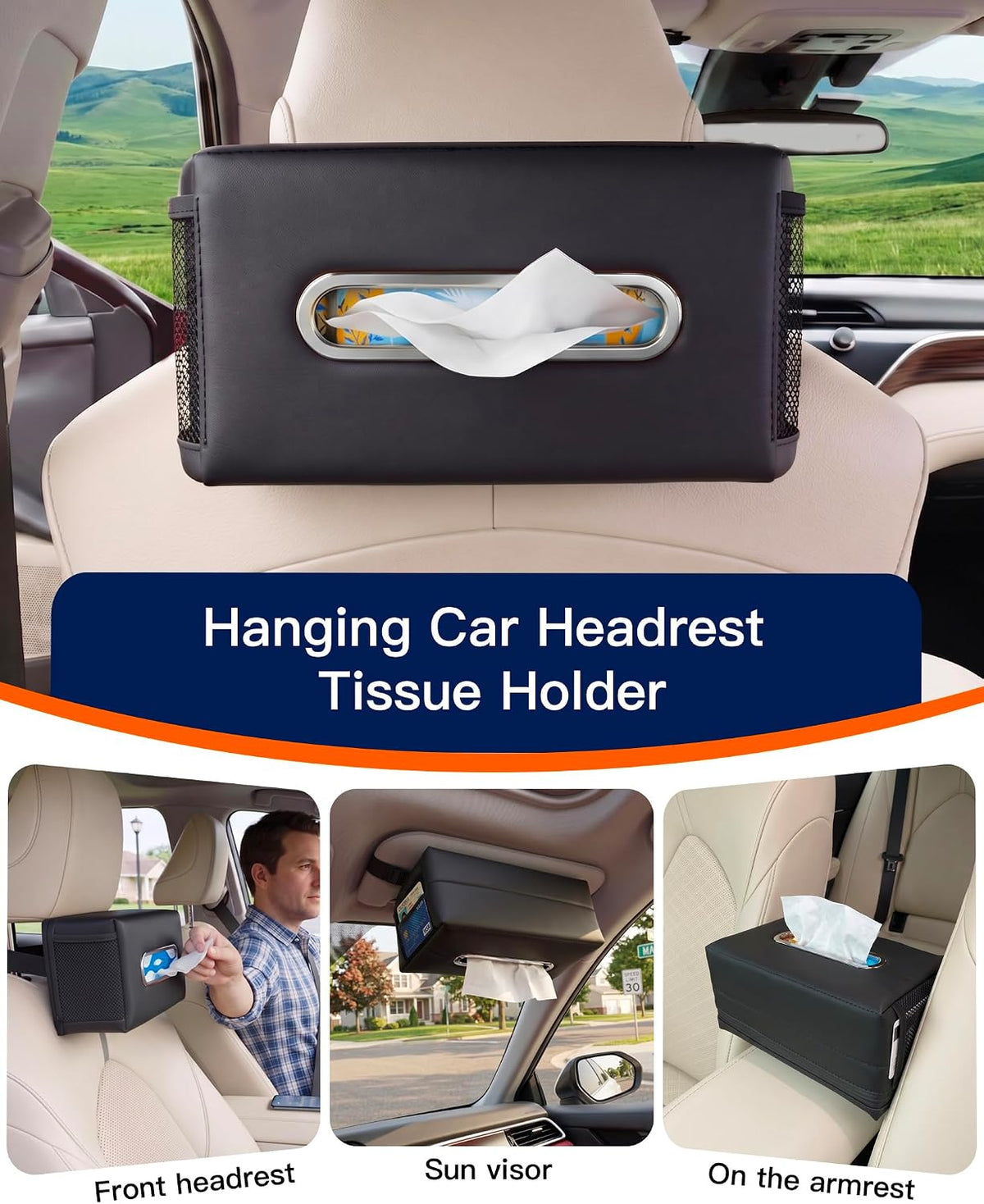 Large Car Tissue Holder PU Leather Organizer with 2 Mesh Pockets