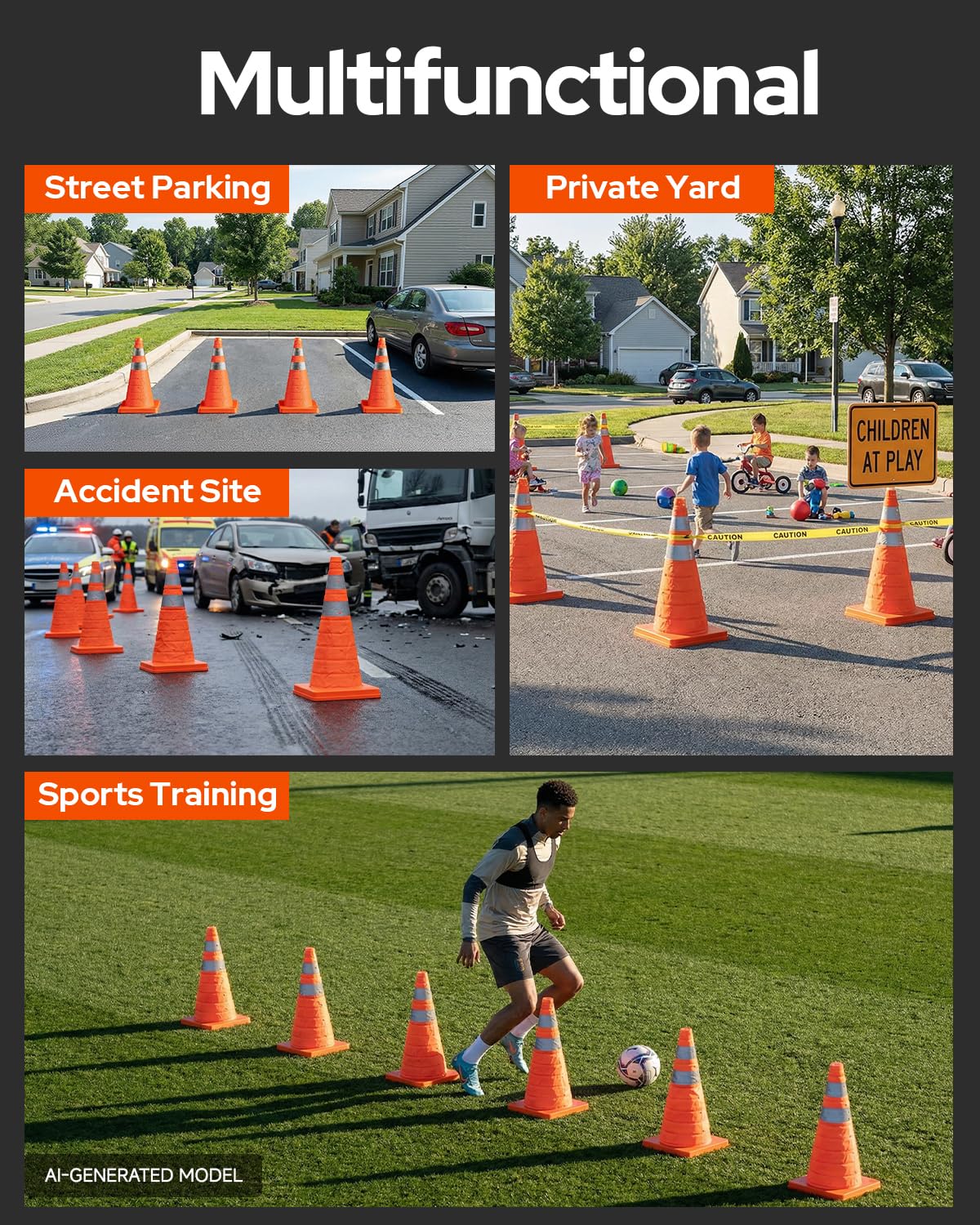 4 Pack 18In Collapsible Traffic Safety Cones with Reflective Collar