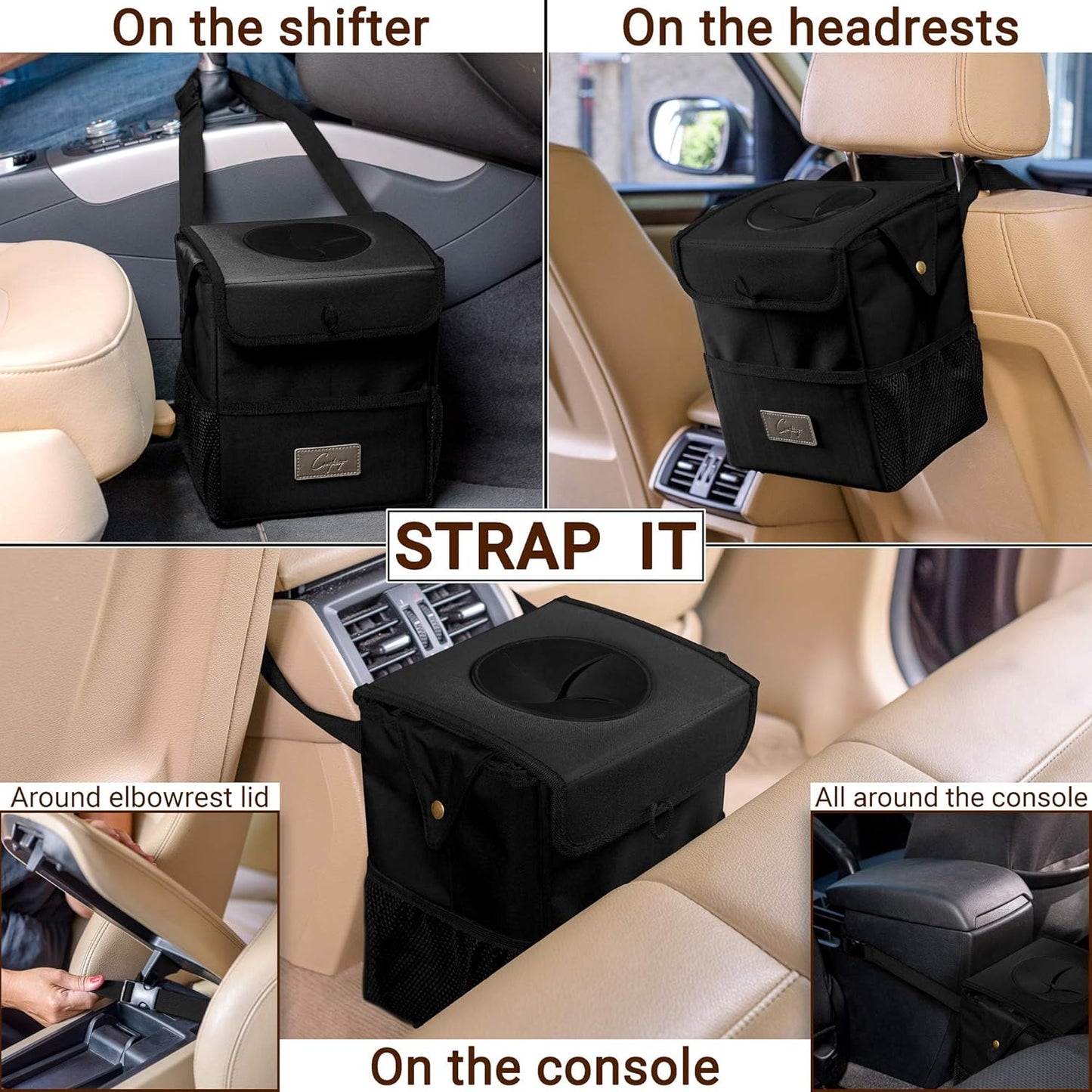 Creathing Car Trash Can [Touring Edition] - Removable Liner - 100% Leakproof, Odor Control Lid, Hanging Garbage Bin for SUV, Truck, Car (2 Gal, Black)