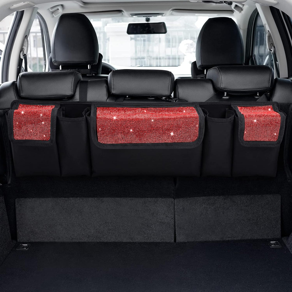 eing Car Trunk Organizer and Storage, Backseat Hanging Organizer for SUV, Truck, MPV, Waterproof, Collapsible Cargo Storage Bag with 5 Pockets, Bling Car Interior Accessories for Women,Red