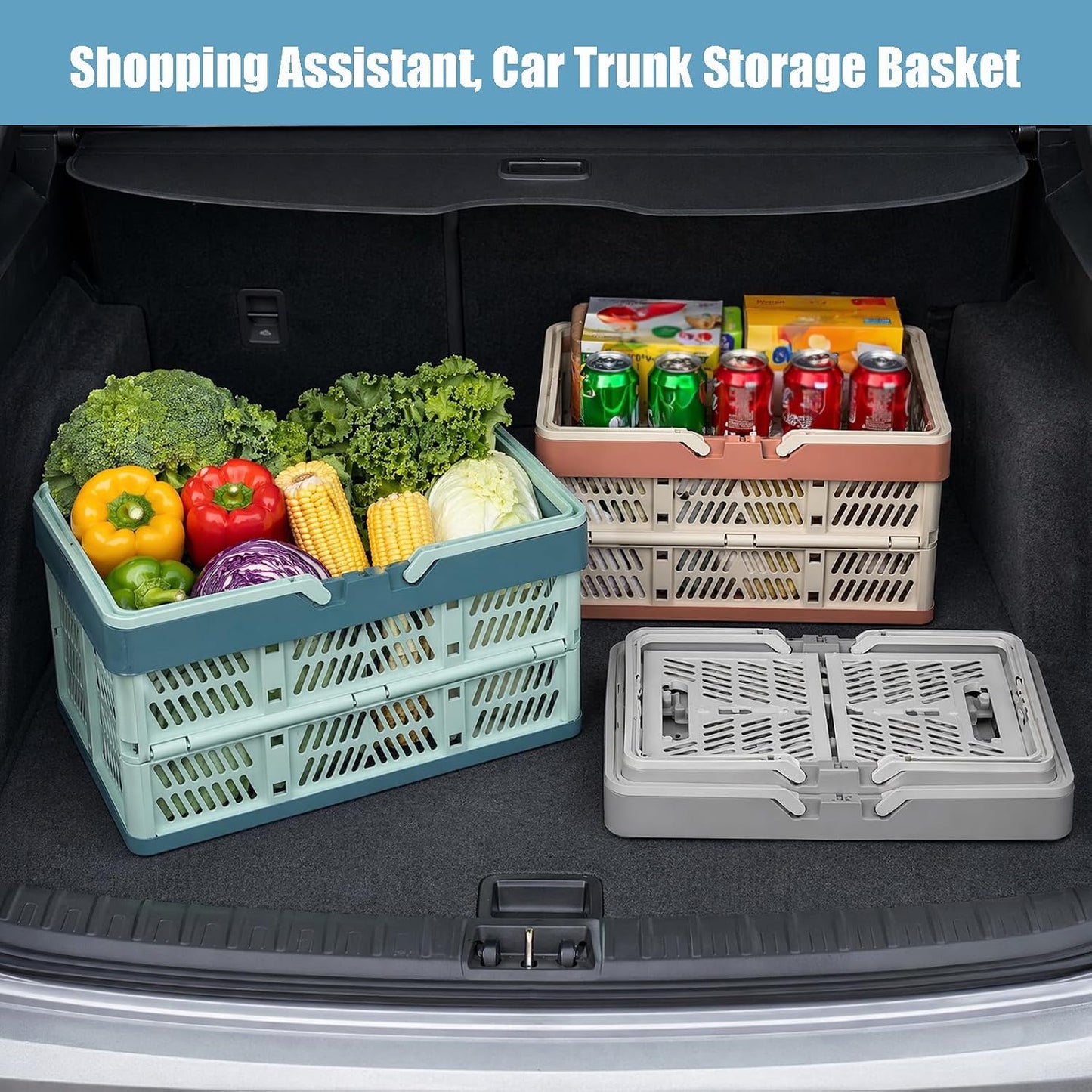 Collapsible Storage Crate with Handles, Milk Crates，33L Foldable Plastic Shopping Basket, Organizer Container for Car Home Pinic (Light blue, Large)