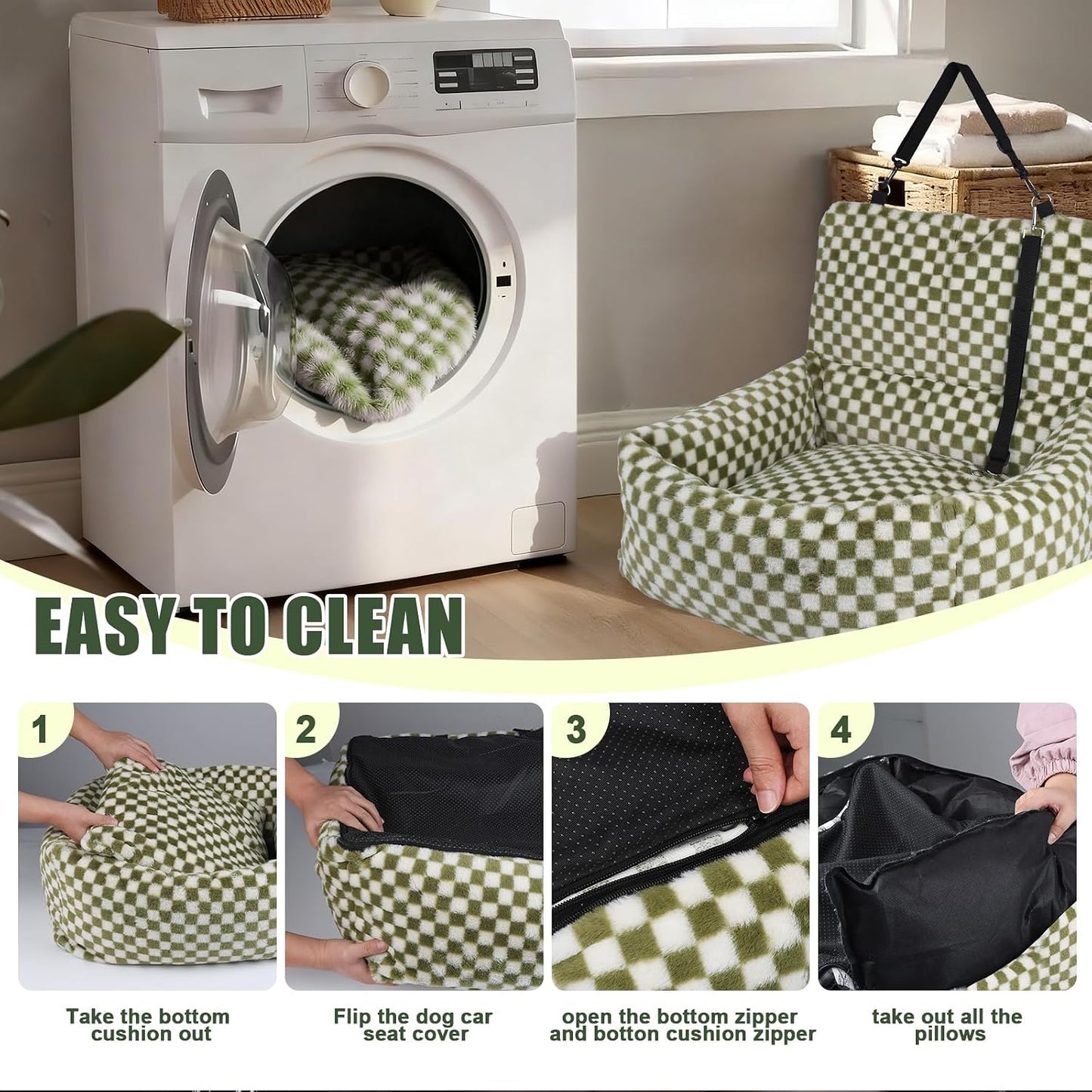 Dog Car Seat for Small Dogs,Medium Dog Car Bed with Detachable Washable Cover,Pet Puppy Booster Cars Seats with Safety Belt Up to 30 lbs(Grid Green)