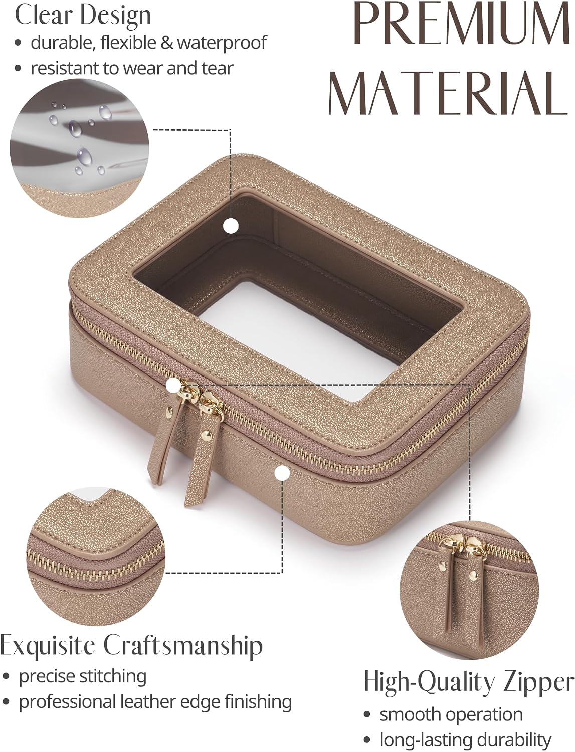 Popvibe Clear Makeup Bag Travel Cosmetic Case Transparent Toiletry Bag with Zipper, Portable Make Up Organizer Traveling Compact Car Bag for Essentials, Gold, Medium and Large