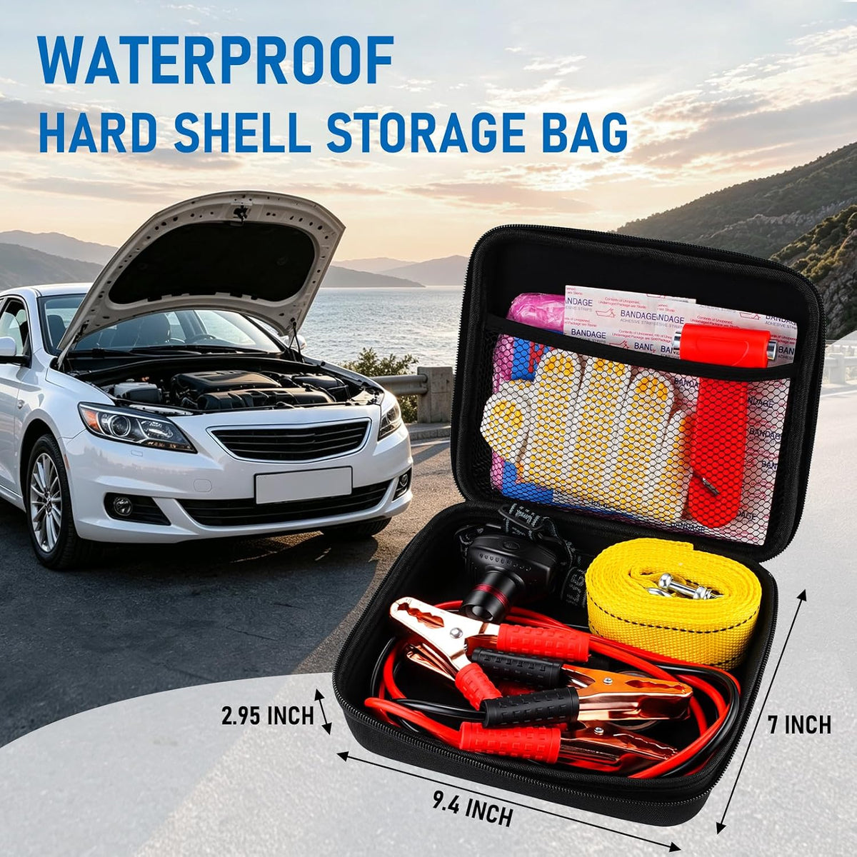Amiss Car Emergency Roadside Kit, Safely Kit with Jumper Cables and Tow Straps, Headlamp, Safety Hammer, Work Gloves, Bandages, PVC Tape, Gifts for New Drivers, Car Accessories for Roadside Emergency