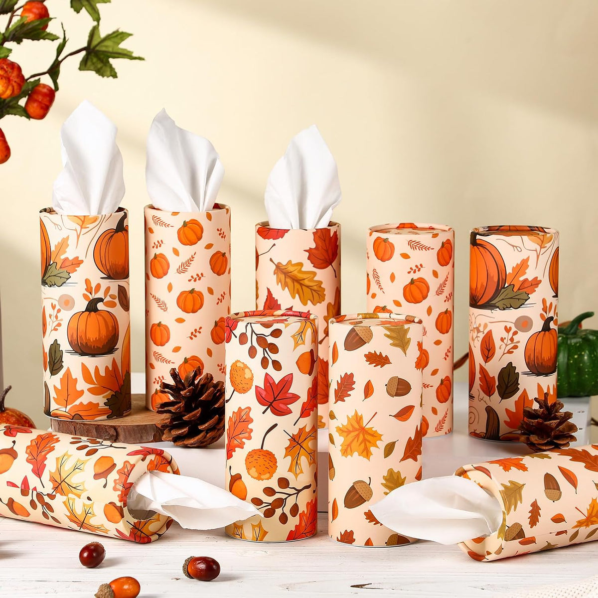 Cinnvoice 20 Pcs Fall Thanksgiving Car Tissues Cylinder with 3 Ply Facial Tissues Bulk Round Tissue Boxes Tubes Travel Tissue for Car Cup Holder Home Bathroom Office Accessories