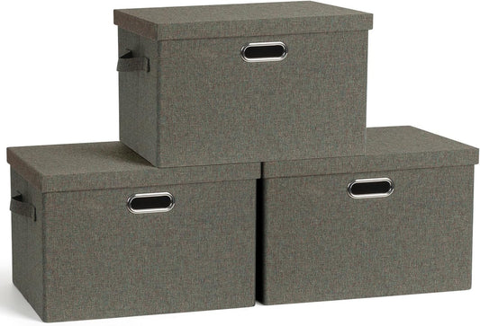 Graciadeco Large 17" 36 Quart Collapsible Stackable Storage Bins with Lids, 3 Packs Dark green Foldable Fabric Closet Storage Boxes with Lids, Heavy-duty Linen Cube Baskets(17x12x11)
