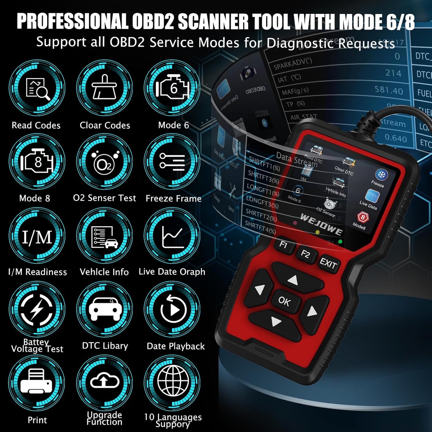 WEJOWE Upgraded OBD2 Scanner Diagnostic Tool, Check Engine Code Reader OBD2 Scanner with Reset, Battery Test Check Engine Light Mode 6, Mode 8 & I/M Car Diagnostic Scan Tool for All OBDII Car