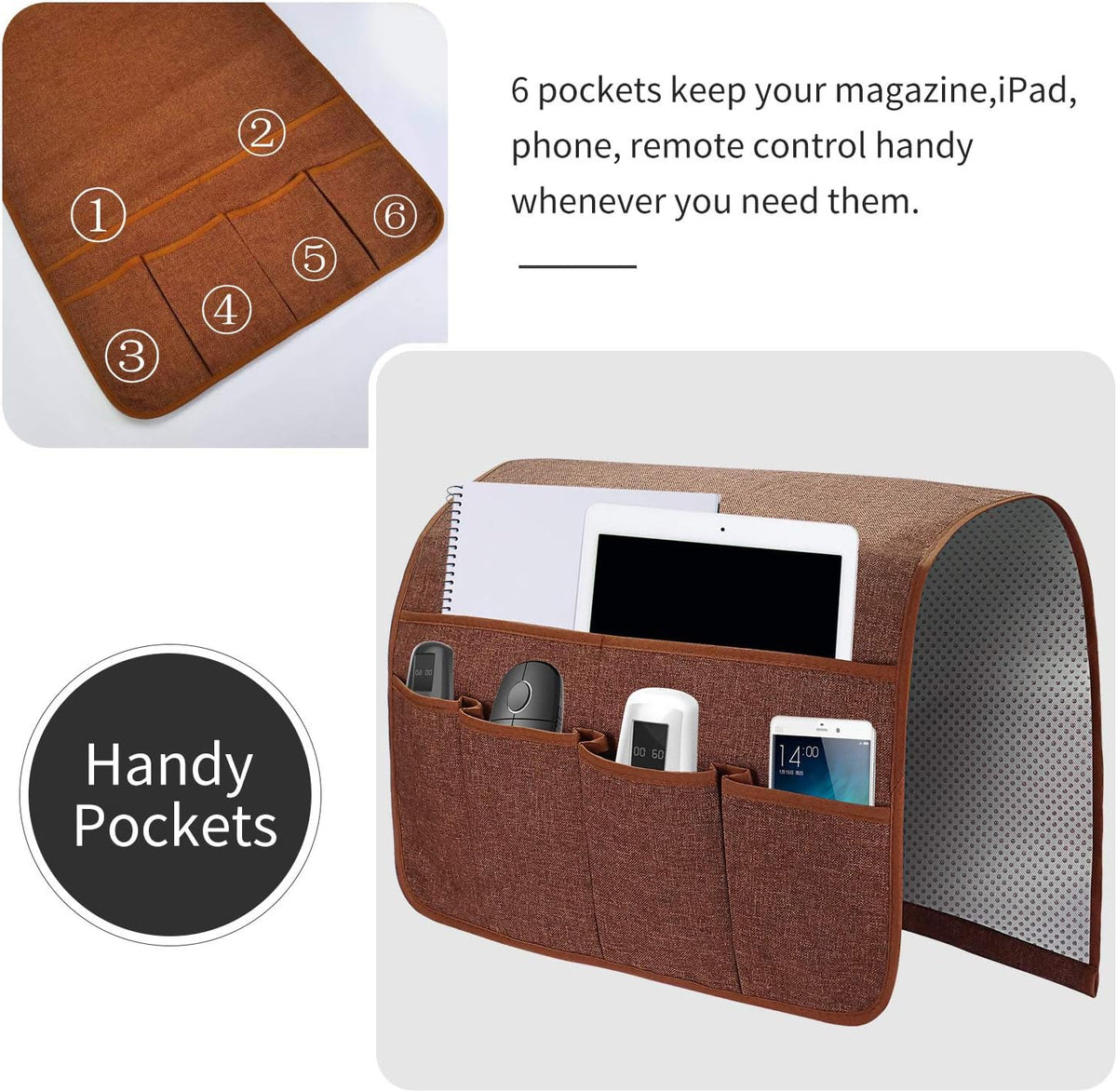 Sofa Armrest Organizer, Remote Control Holder for Recliner Couch, Arm Chair Caddy with 6 Pockets for Magazine, Tablet, Phone, iPad