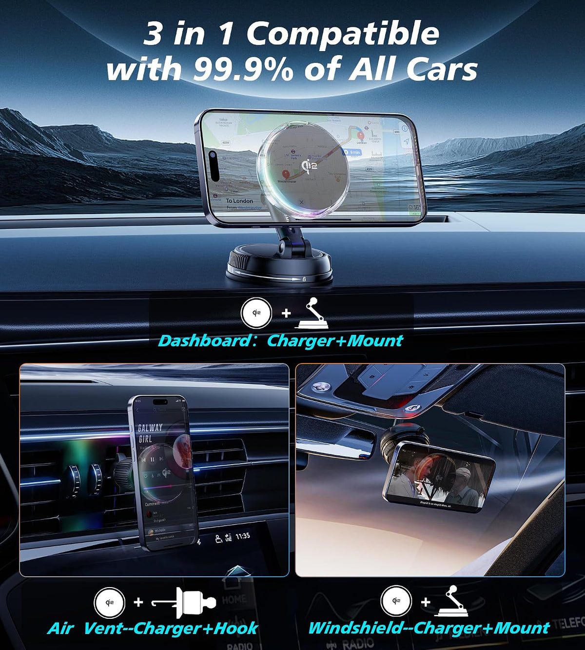 for Qi2 15W MagSafe Car Mount Charger with Cooling Fan, [Rapid Charging Cooler with RGB Lights], 78+LBS Stronger Suction Wireless Magnetic Mount on Vent/Dash/Windshield, for iPhone 17 16 15 14 13 12