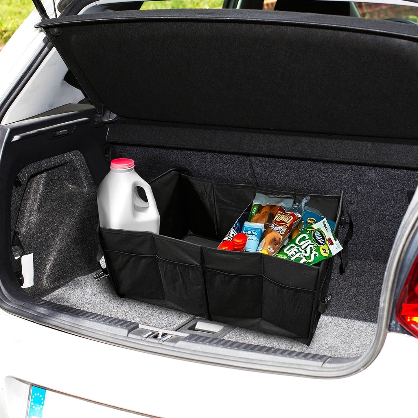 Armor All Trunk Organizer for SUV & Car, Extra-Large 9 Compartment Collapsable Lightweight Waterproof Car Organizer, 3 Compartments, 4 Mesh Pockets, 2 Pockets, 20.5” x 14.5” x 10”, Compression Buckles