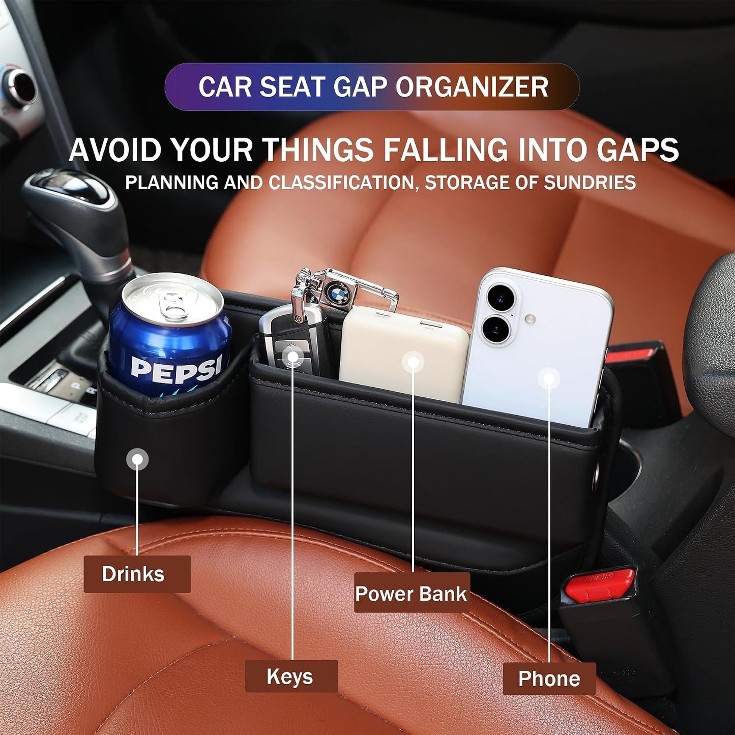 OUEST 2 Packs Car Seat Gap Filler Organizer, Car Seat Gap Storage Box with Cup Holder for Phone Drinks Glasses Keys