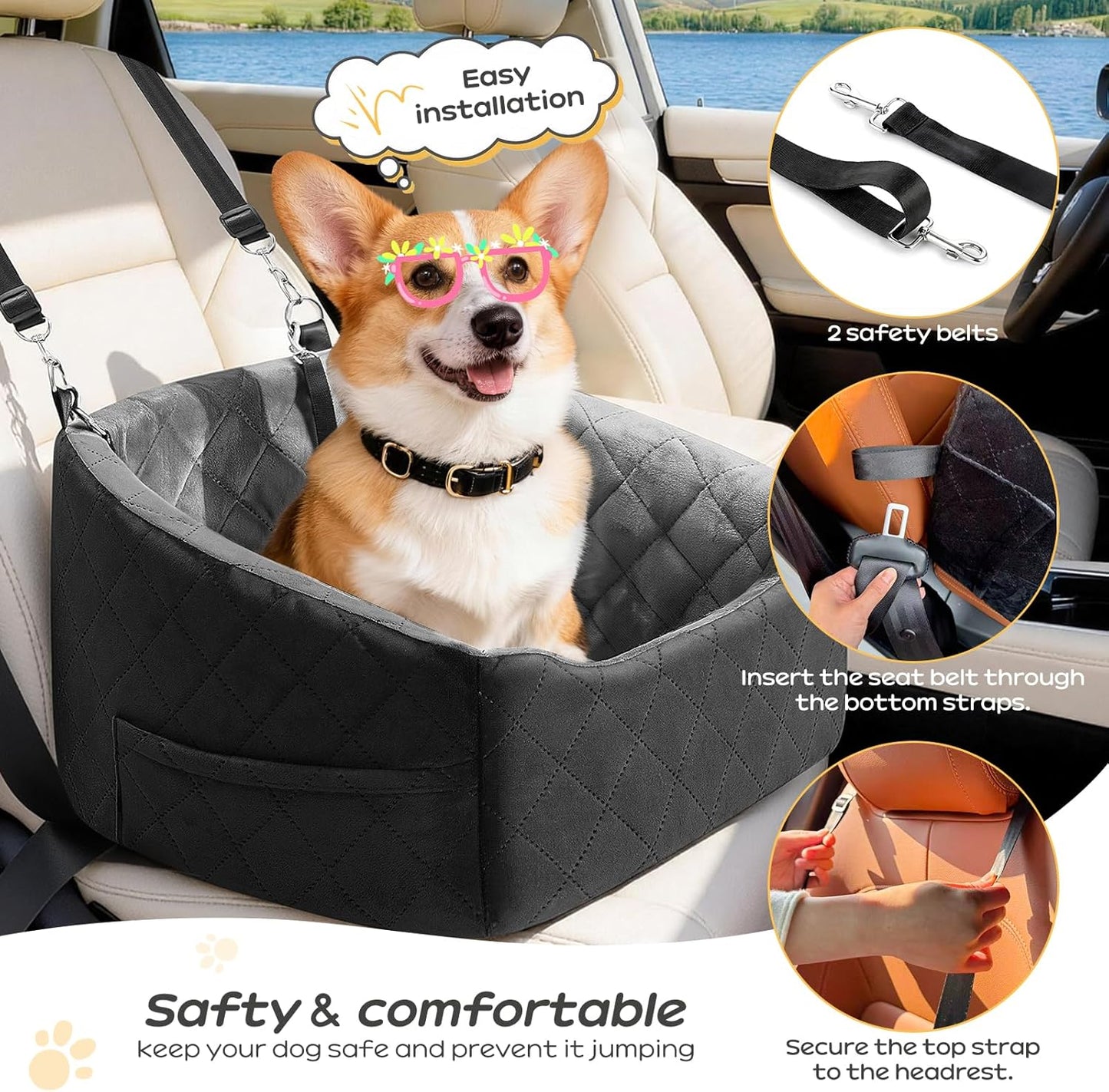 Dog Car Seat for Small Dogs Up to 30 Lbs, Pet Travel Safety Bed for Puppy Cat, Fits in Front/Back Seat, Anti Slip Base, Fully Detachable Washable with 2 Safety Tether(Grey-Black)