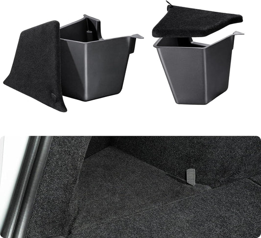 BASENOR 2025 2026 Tesla Model Y Trunk Storage Bins, (Proprietary Design) Trunk Organizer with Carpeted Lid, Rear Trunk Side Storage Box for 5-Seats Model Y Juniper Interior Accessories