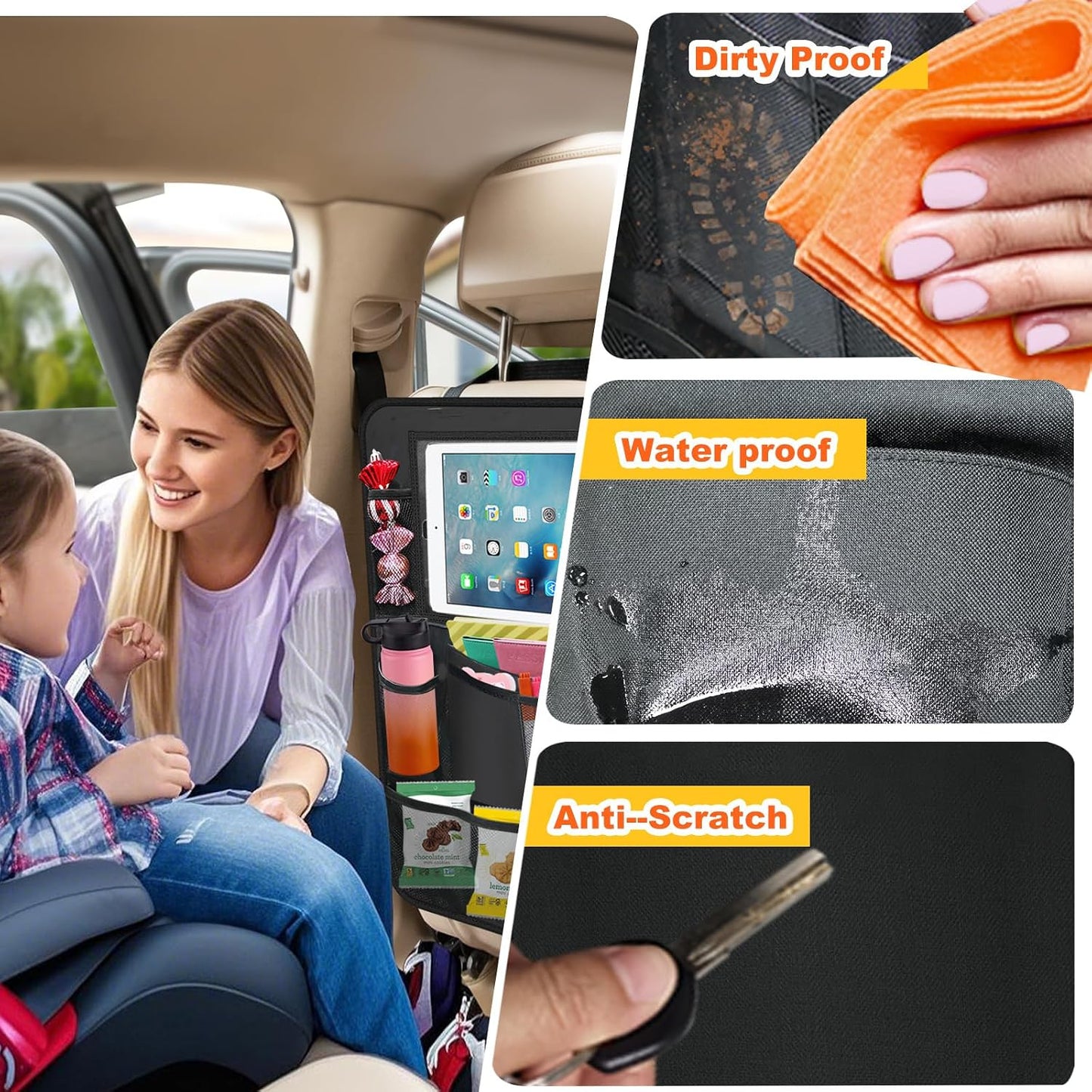 Backseat Organizer for Car, 2 PCS Seat Back Cover for Kids Toddlers with 10 Storage Pockets & 11″ Tablet Holder, Waterproof Back Seat Protector for Snacks Toys, Travel Accessories