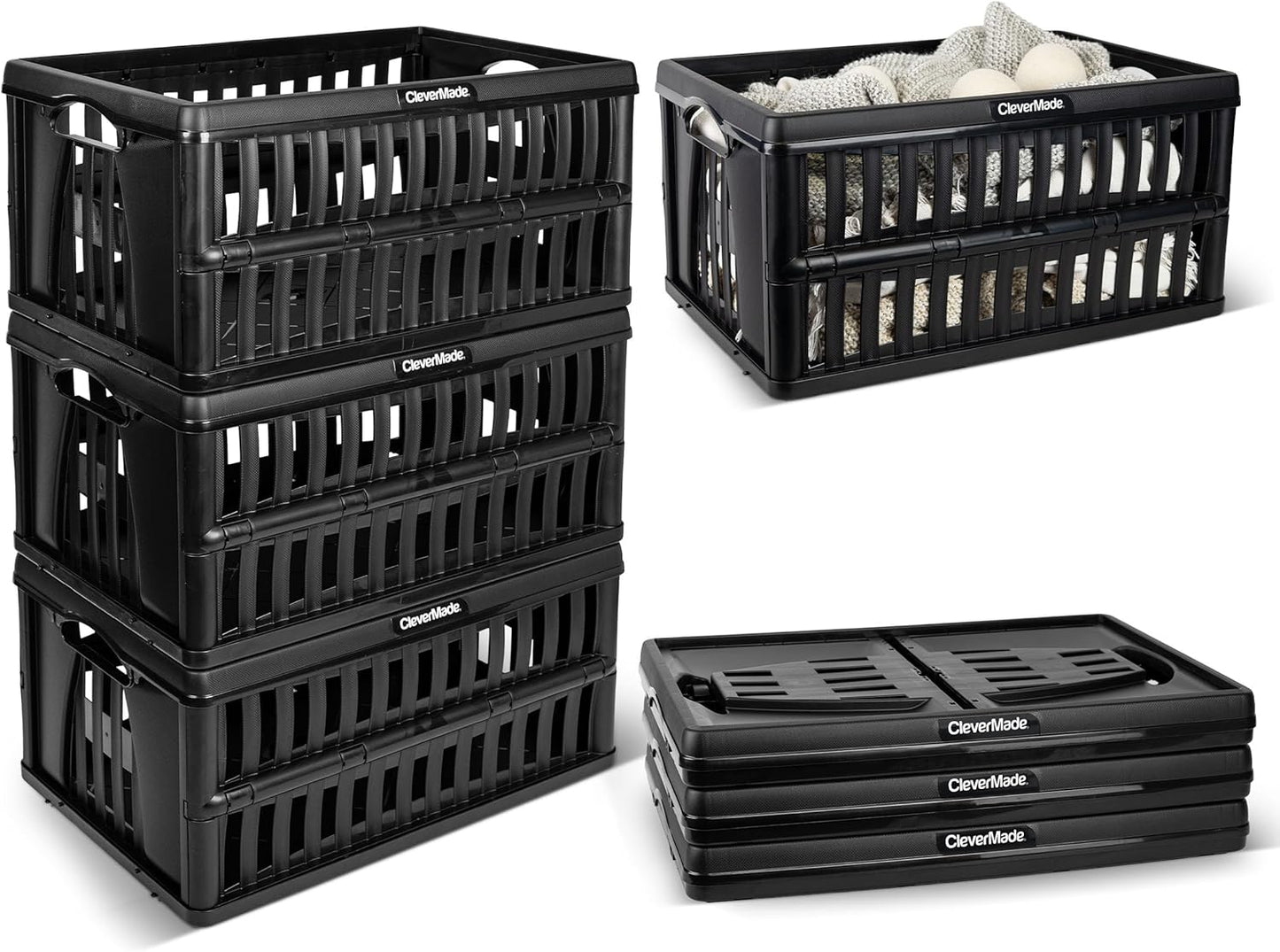 CleverMade Collapsible Utility Crates, Ocean, 3 Pack, 45L/11 Gal, 66 lbs Capacity, Stackable Containers, Heavy Duty, Space-Saving Baskets,Polypropylene (PP)