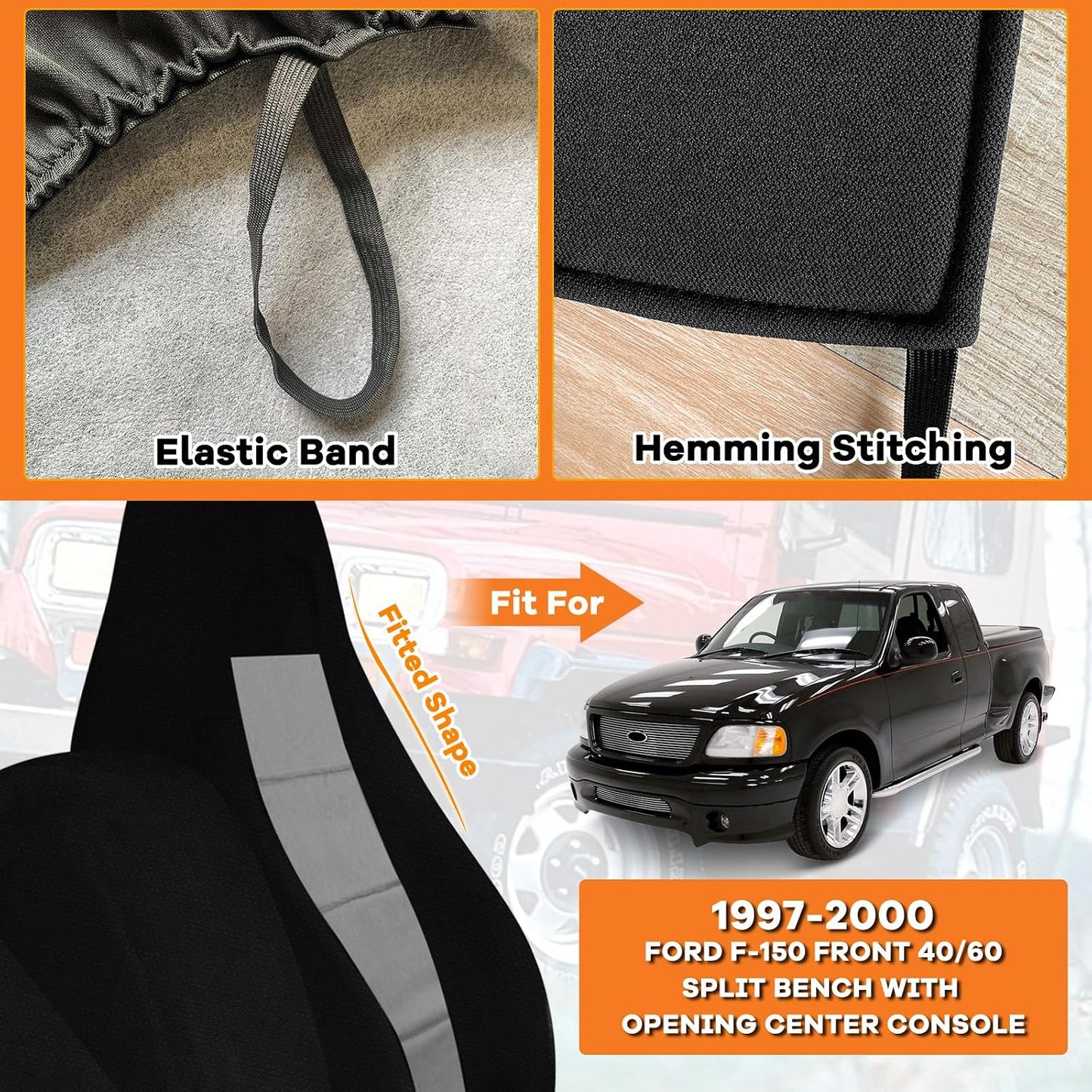 Front Truck Seat Covers for 1997-2000 Ford F-150 | 40/60 Split Bench with Opening Center Console, Not with Airbags Next to The Headrest, Black&Gray