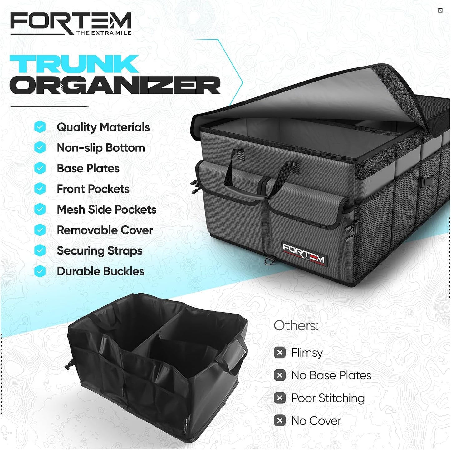 FORTEM Trunk Organizer For SUV Car Trunk Organizer, Foldable Storage, Car Accessories for Women Men, Collapsible Bag, 600D Oxford, Non Slip Bottom, Straps, Soft Cover (50L)