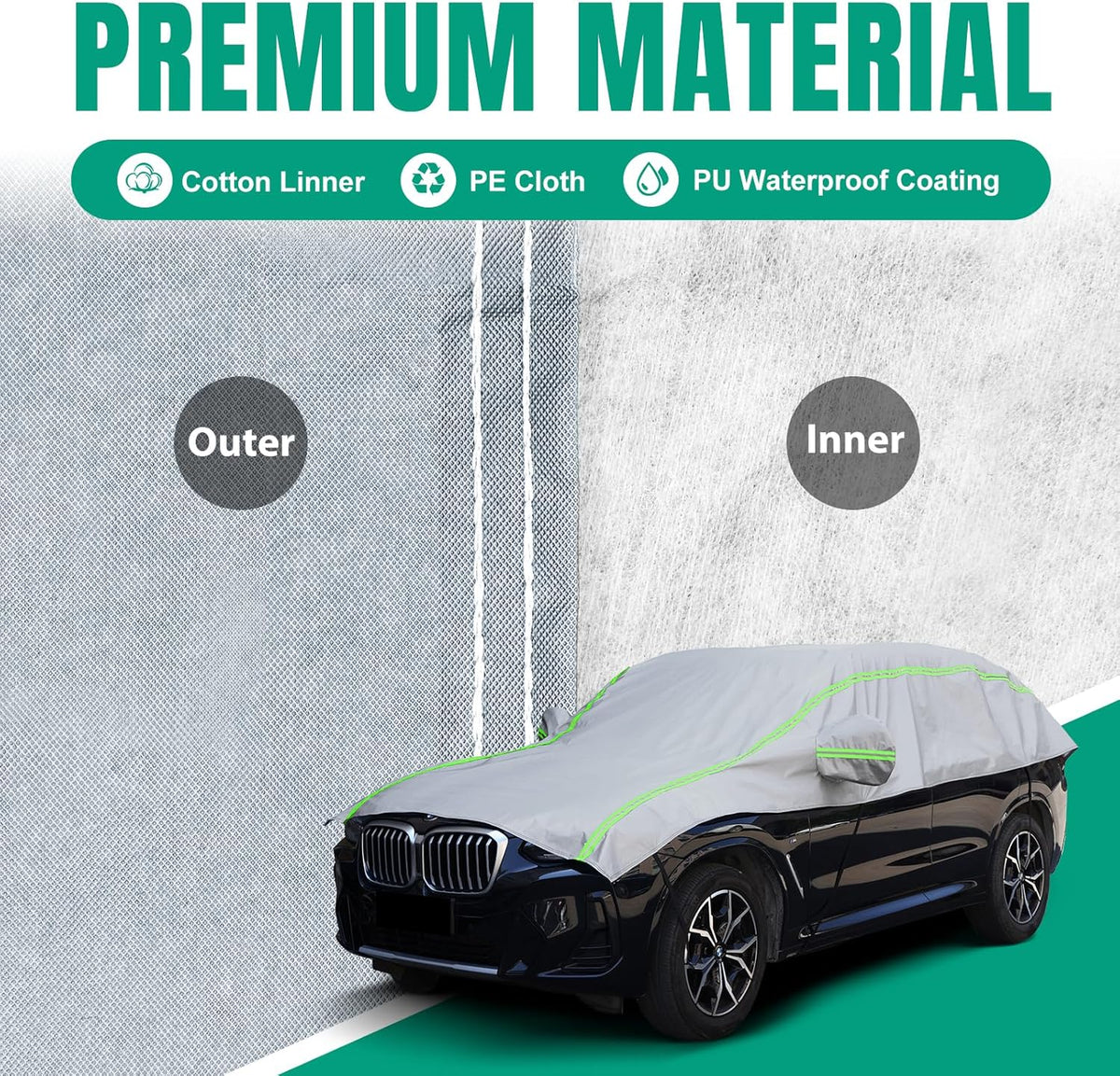 Half Car Cover Sedan with Green Reflective Strip, Hail Protector Car Cover with Cotton Liner, Sunroof & Windshield Cover for Ice and Snow, All Weather Car Body Cover for Sun, Rain, Dust
