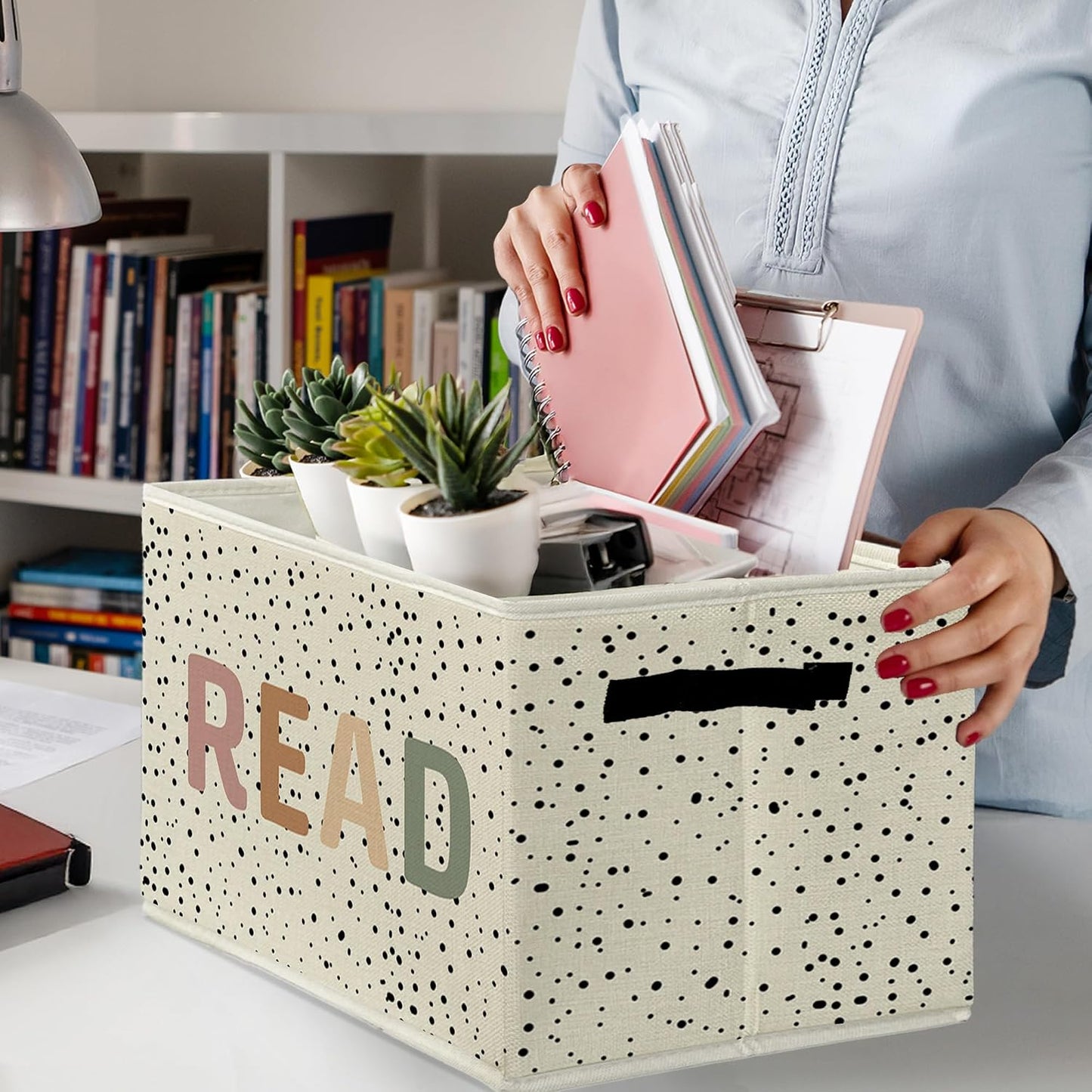 Boho READ Book Storage Bins & Boxes with Handles, Kids Foldable Basket for Organizing, Boho Nursery Collapsible Storage Basket for Kids Room Bedroom Reading Corner Nook Room Clothes Toys Books