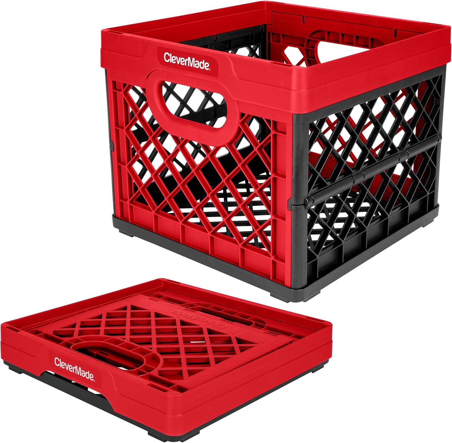 CleverMade Heavy Duty Collapsible Milk Crate, 25L, 6.6 Gal, 50 lb, Red | Stackable plastic storage crate with file rails for hanging folders and organizes garages, classrooms, offices and car trunks