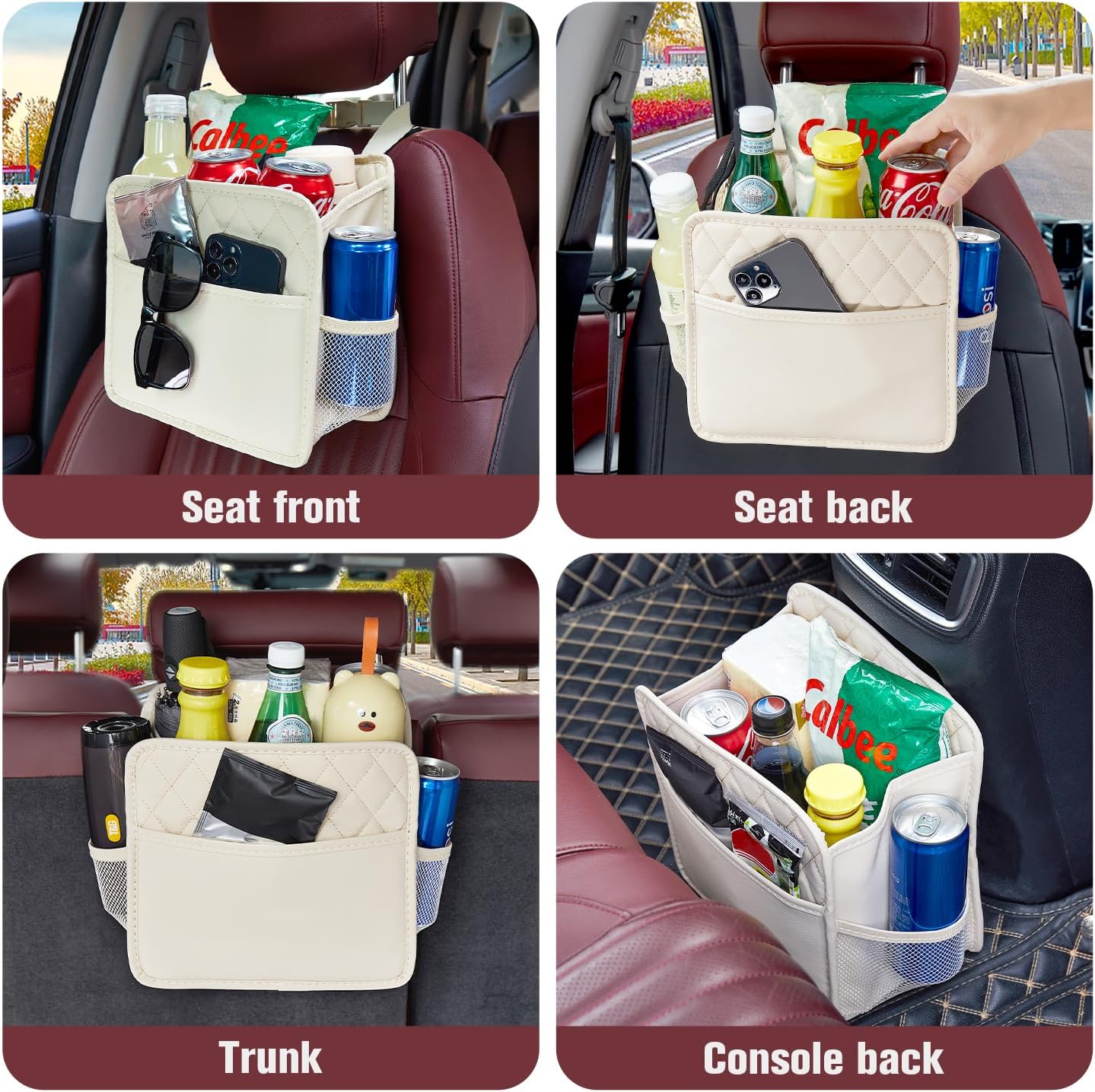 LXUNYI Back Seat Car Organizer, Large Car Seat Organizer with Cup Holders Multifunctional Over the Car Seat Organizer Backseat Hanging Leather Car Seat Organizers and Storage Bags(Beige 1Pack)