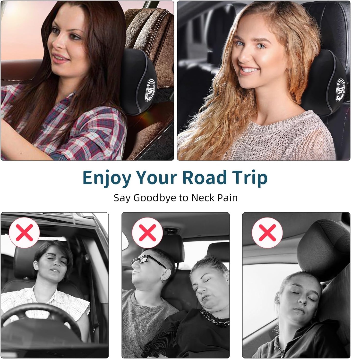 2 Pack - Car Headrest Pillow for Neck Support, 100% Memory Foam Car Neck Pillow with Sleep Mask - Universal Fit Head Rest Travel Pillow Car Pillow for Pain Relief While Driving(Contains 2 Eye Masks)