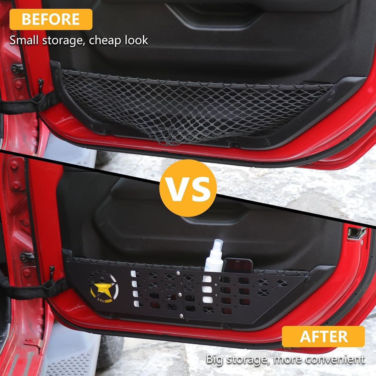 Front Door Storage Pockets Side Insert Organizer Box Compatible with 2018-2024 2025 Jeep Wrangler JL 2/4 Door 4XE Gladiator JT Interior Accessories Cup Holder Expansion Tray 1Pair Metal Star