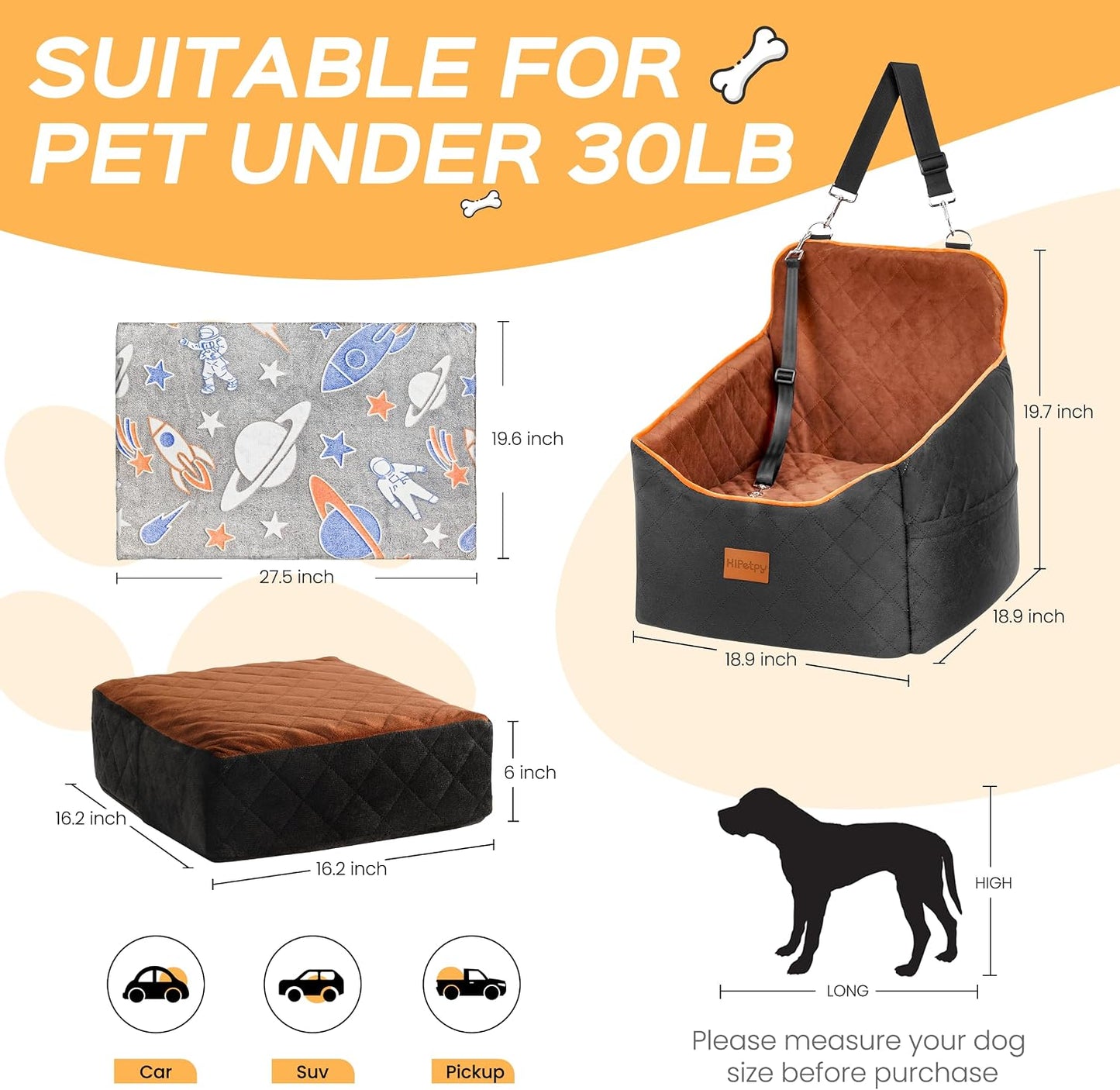 HiPetpy Dog Car Seat 6" Elevated Memory Foam Booster Seat for Small Medium Dogs Under 35 lbs with Pet Blanket, Washable Pet Car Seat with Safety Leash, Anti-Slip Base and Storage Pockets