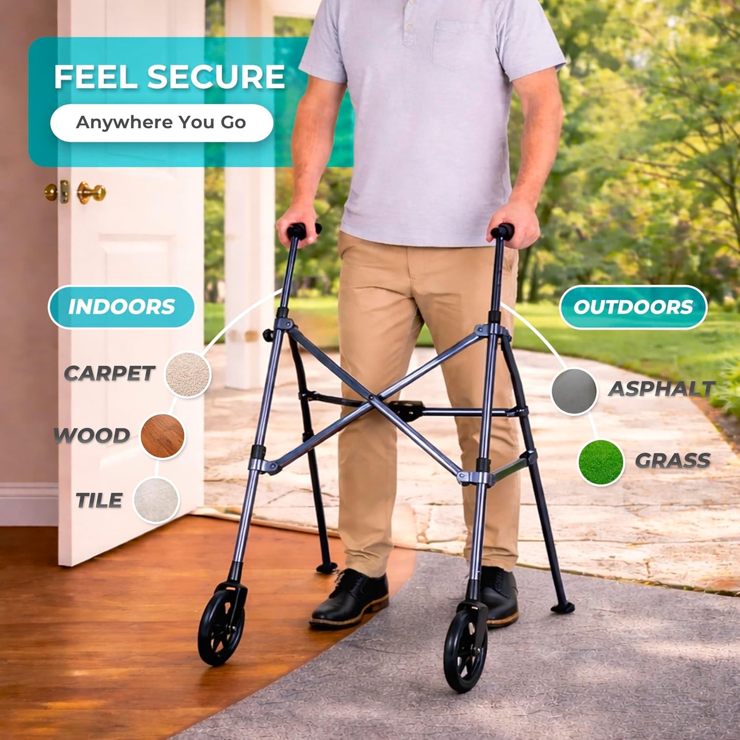 Stander Space Saver Walker, Lightweight Folding Rolling Mobility Aid for Seniors & Adults, Compact 2-Wheel Disability Device with 6-inch Wheels & Ski Glides for Walking Support, Cobalt Blue