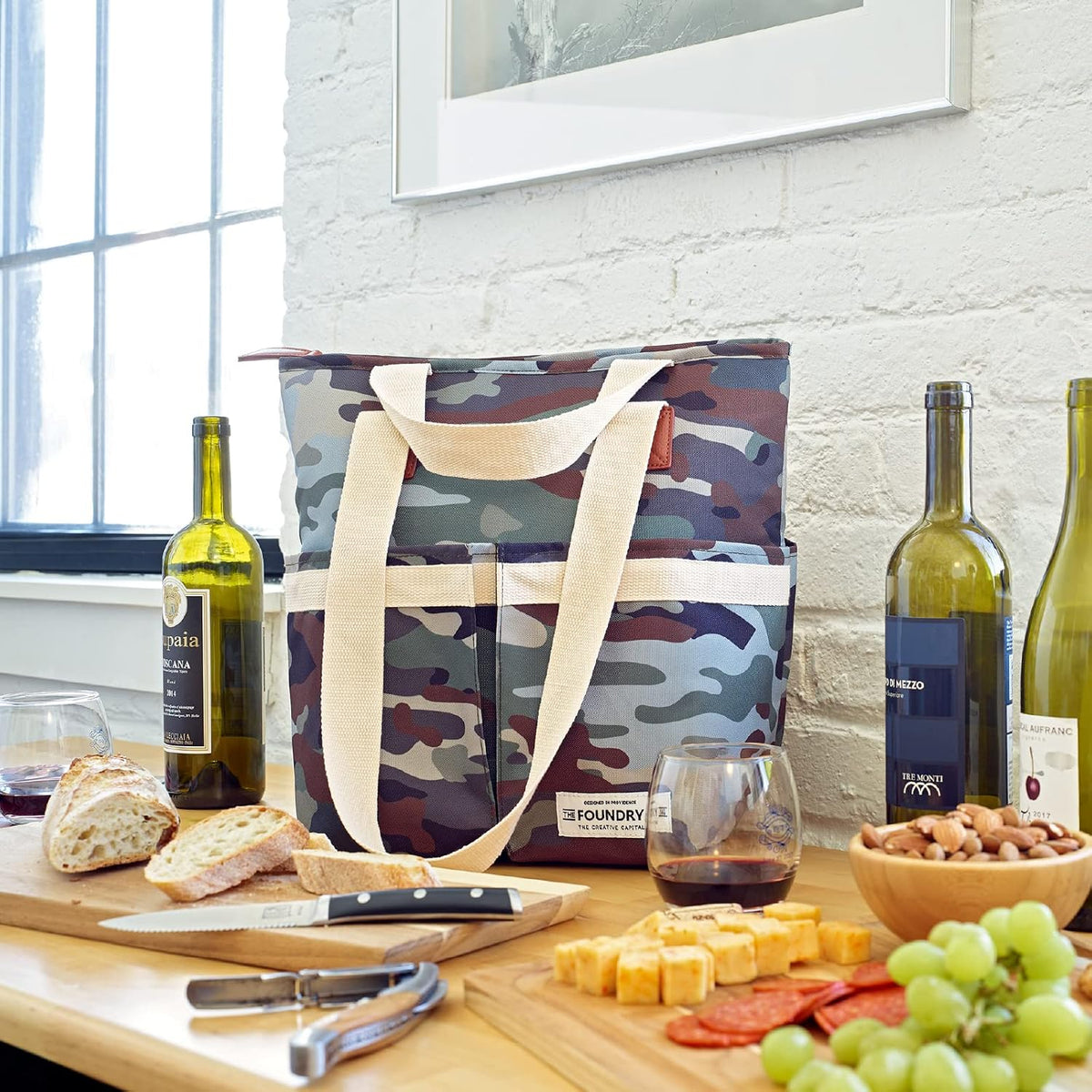 Fit & Fresh Foundry Wine Carrier Bag & Soft Cooler Bag Insulated Leak Proof, Large Soft Sided Cooler Bag, 6 Bottle Wine Bag With Removable Divider For Beach, Picnics, and Travel, Camo