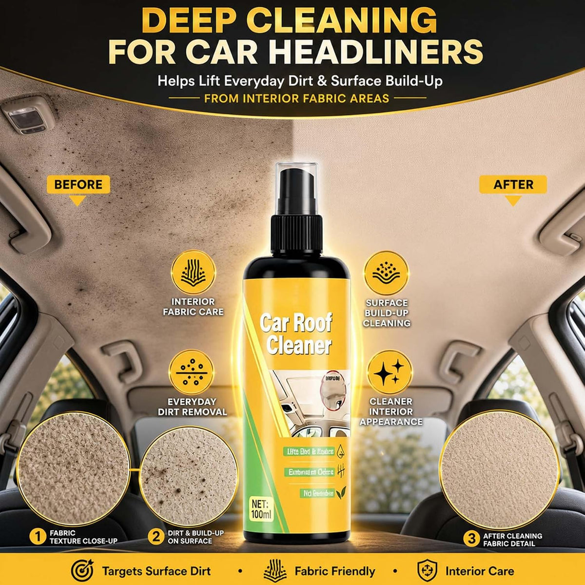 Deep Cleaning Car Roof Cleaner, Multi-purpose Car Headliner Deep Cleaning Cleaner, Multifunctional Cars Interior Roof Fabric cleaning Spray (2PCS)