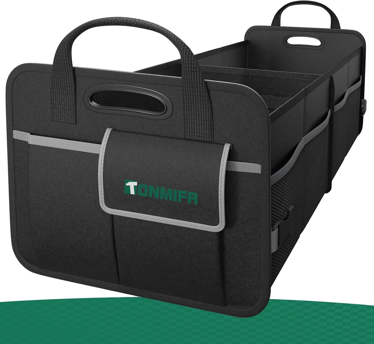 2-Compartment Trunk Organizer & Multi-Compartment Storage Box 600D Waterproof Oxford, with Reflective Strips and 8 Side Mesh Pockets for SUV, Sedan, Minivan- Heavy-Duty Car Organiser(65L)